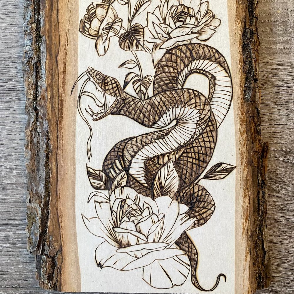Hand-drawn and Wood-burned Snake with Flowers